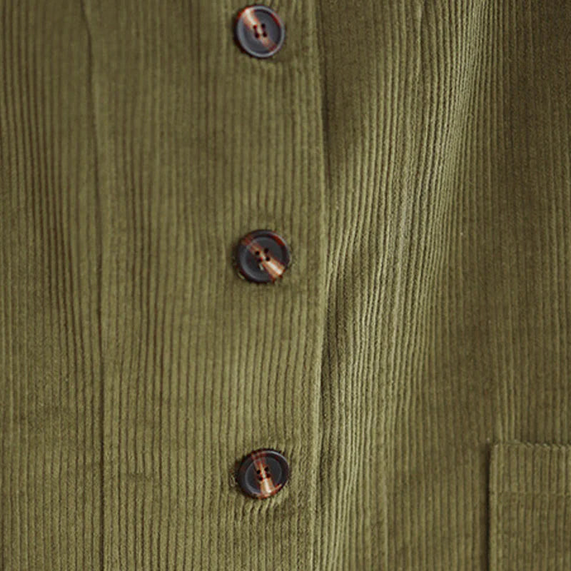 Buddha Stones Buttons Design Corduroy Long Sleeve Women's Jacket With Pockets