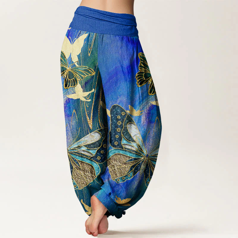 Buddha Stones Cotton Casual Butterfly Gold Line Pattern Women's Elastic Waist Harem Pants