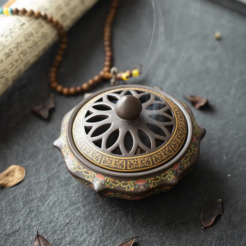 Buddha Stones Tibetan Floral Pattern Ceramic Blessing Incense Burner Decoration (Extra 35% Off | USE CODE: FS35)