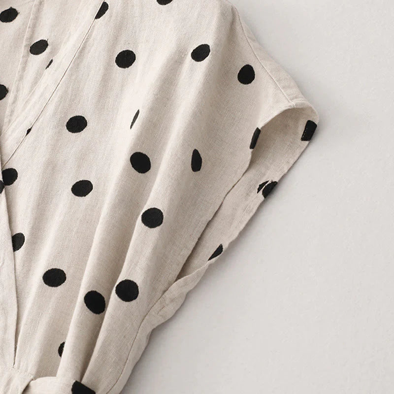Buddha Stones Polka Dot V-Neck Lace-up Cotton Linen Women's Midi Dress With Pockets