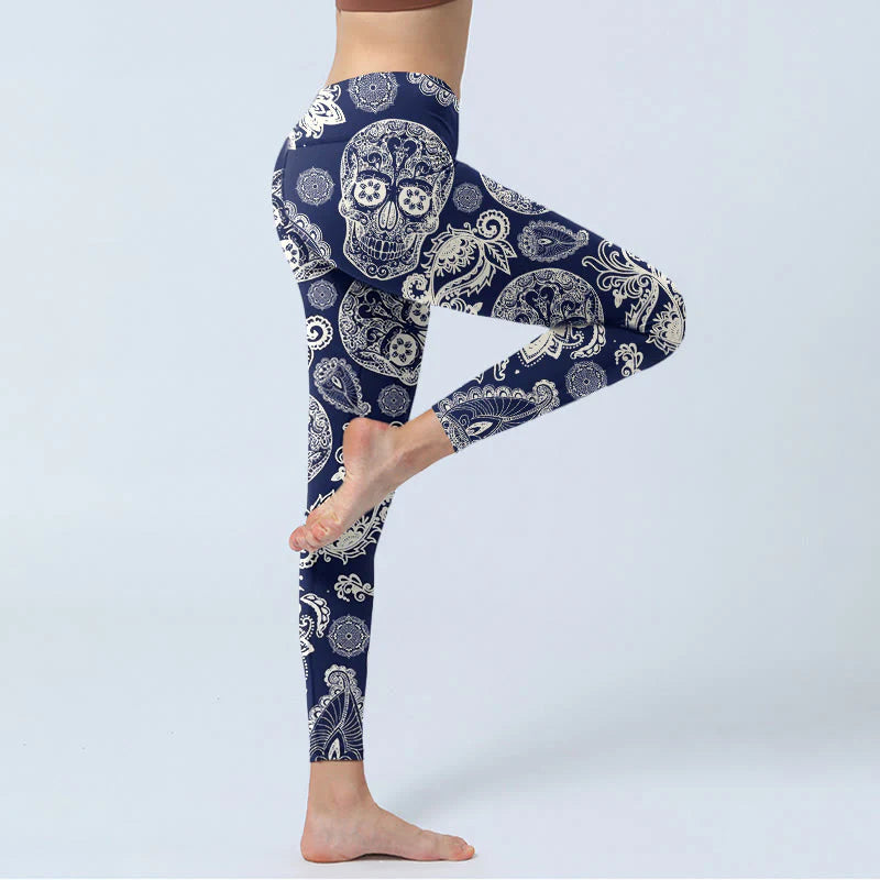 Buddha Stones Paisley Plant Skull Pattern Gym Leggings Women's Yoga Pants