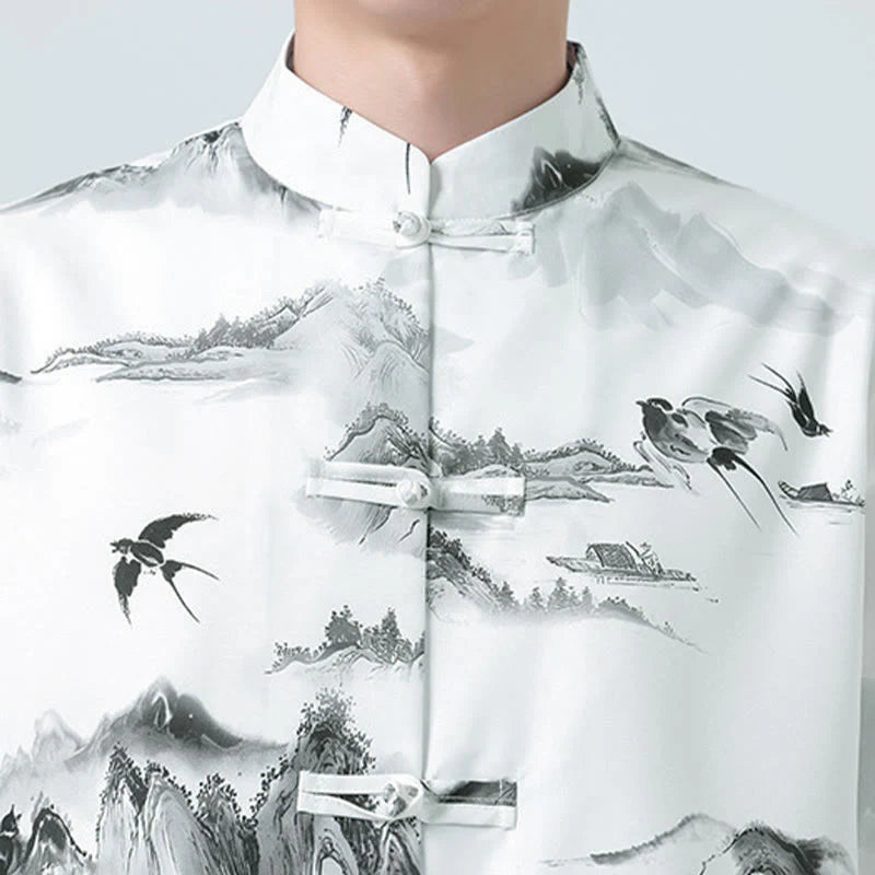 Buddha Stones Printing Chinese Ink Landscape Pattern Men's Frog-button Half Sleeve Shirts