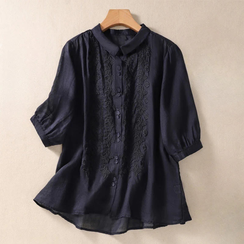 Buddha Stones Summer Plain Button Embroidery Flower Pattern Three Quarter Sleeve Lapel Cotton Linen Women's Shirt