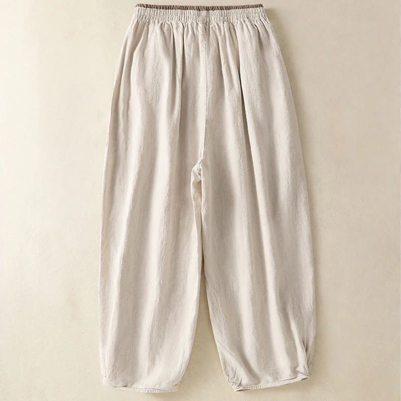 Buddha Stones Casual Embroidery Women's Cotton Linen 7-8 Length Harem Pants With Pockets
