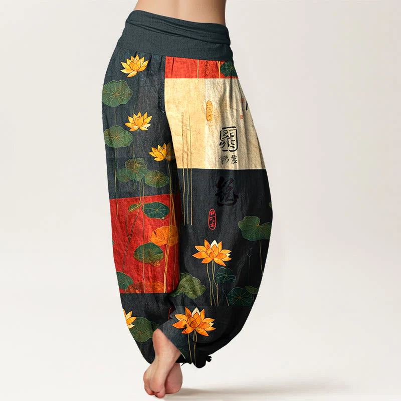 Buddha Stones Pure Cotton Strong Visual Impact Lotus Flowers Leaves Pattern Women's Elastic Waist Harem Pants