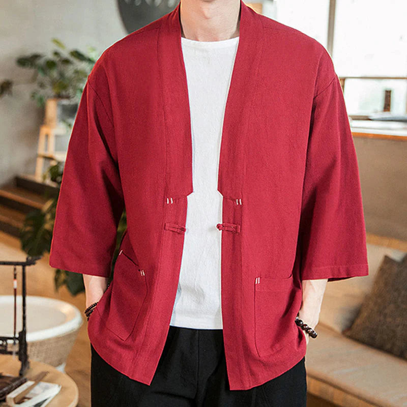 Buddha Stones Plain Chinese Frog-Button Jacket Cotton Linen Men's Three Quarter Sleeve Kimono