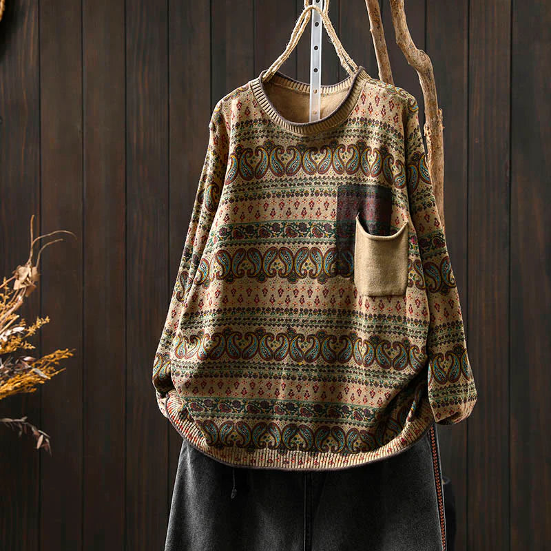 Buddha Stones Fall Plant Floral Pattern Crew Neck Long Sleeve Women's Cotton Sweater With Pocket