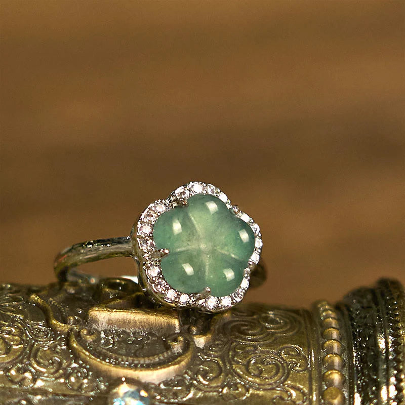 Buddha Stones Jade Alloy Flower Ring