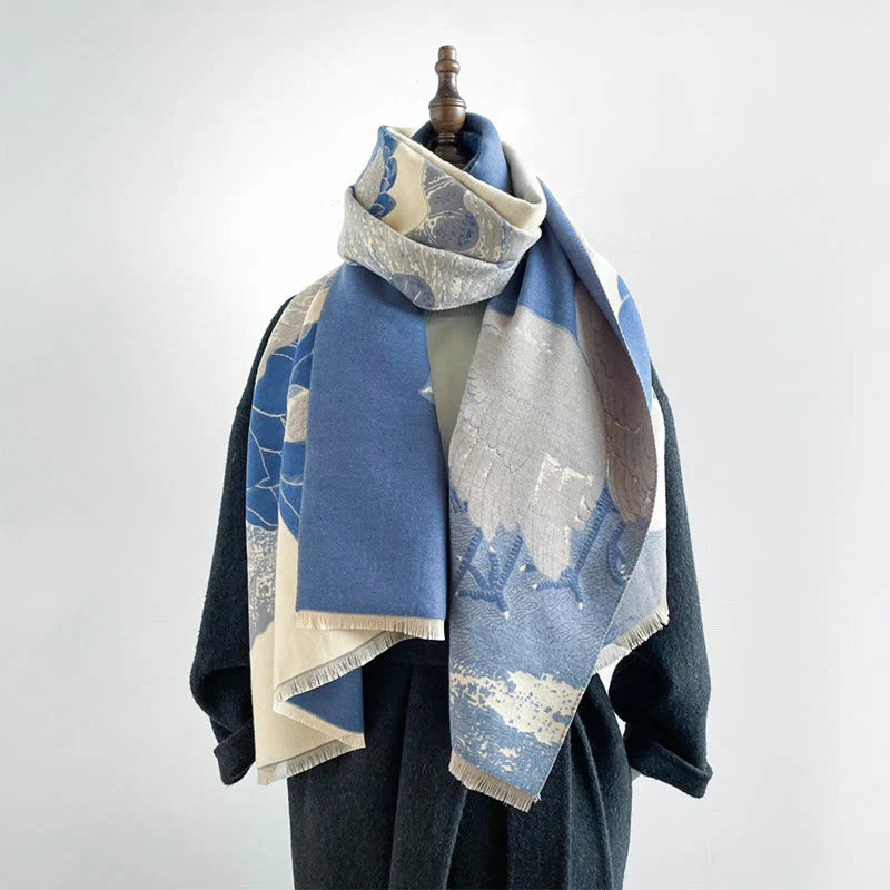 Buddha Stones Winter Stork Birds Lotus Flowers Leaves Pattern Soft Scarf Shawl