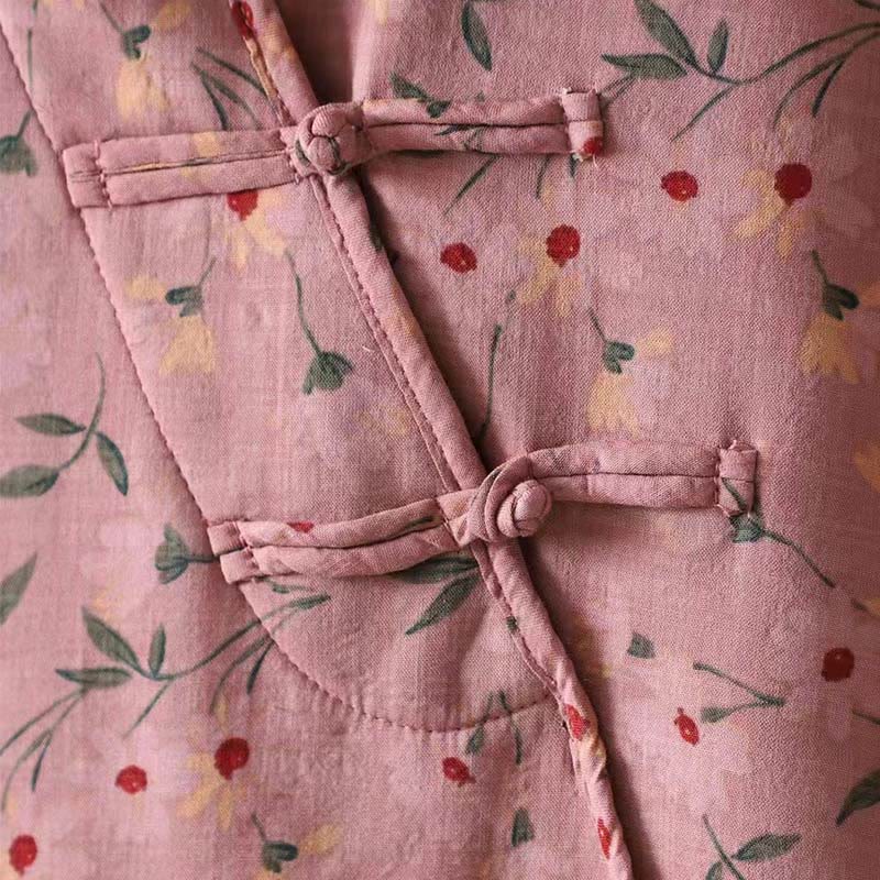 Buddha Stones Winter Flower Green Leaves Frog-Button Stand Collar Long Sleeve Women's Cotton Shirt
