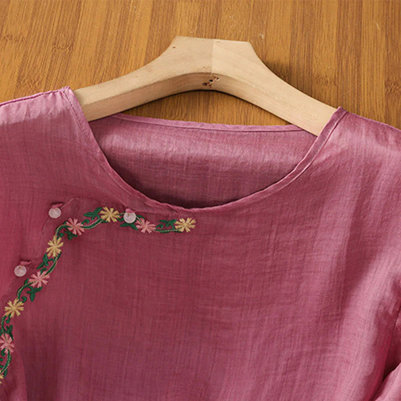 Buddha Stones Casual Embroidery Flowers Cotton Polyester Half Sleeve Women's Crew Neck Shirt