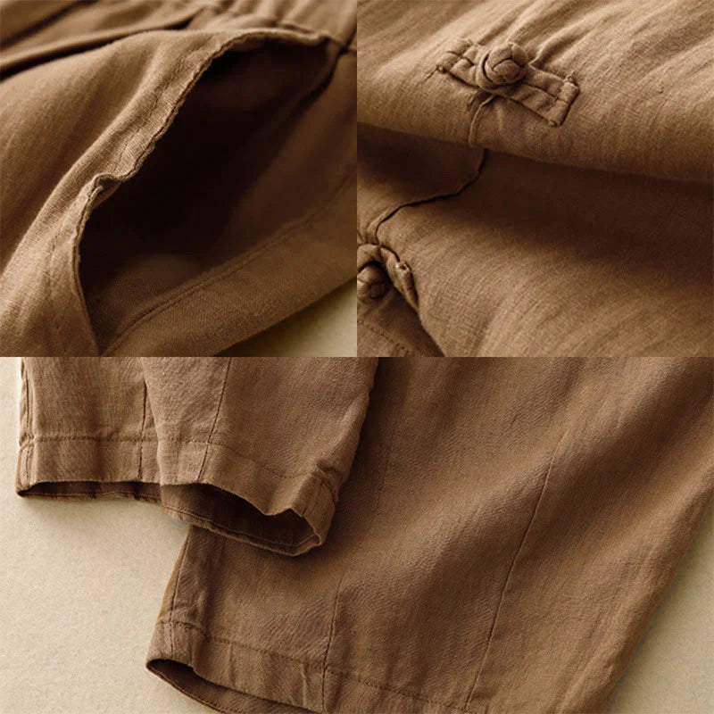 Buddha Stones Casual Plain Frog-Button Design 7-8 Length Cotton Linen Women's Harem Pants With Pockets