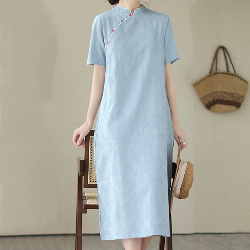 Buddha Stones Jacquard Solid Color Cotton Linen Short Sleeve Cheongsam Qipao Midi Dress With Pockets