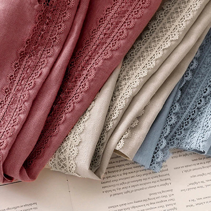 Buddha Stones Plain Color Lace Stitching Cotton Linen Women's Wide Leg Pants With Pockets