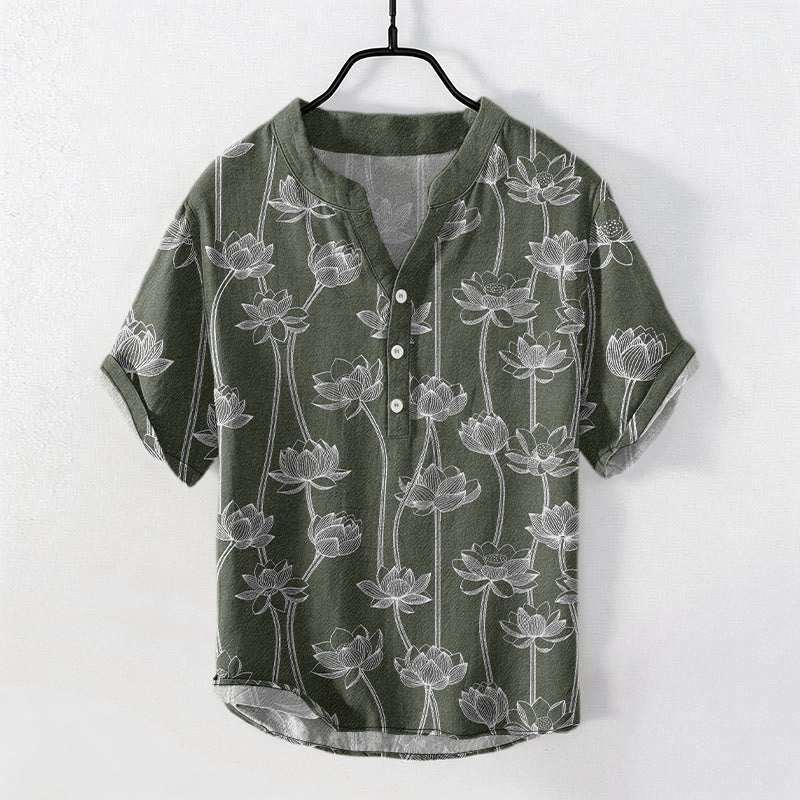 Buddha Stones Cotton Harmonious Lotus Pattern Men's Short Sleeve Half Button Shirt