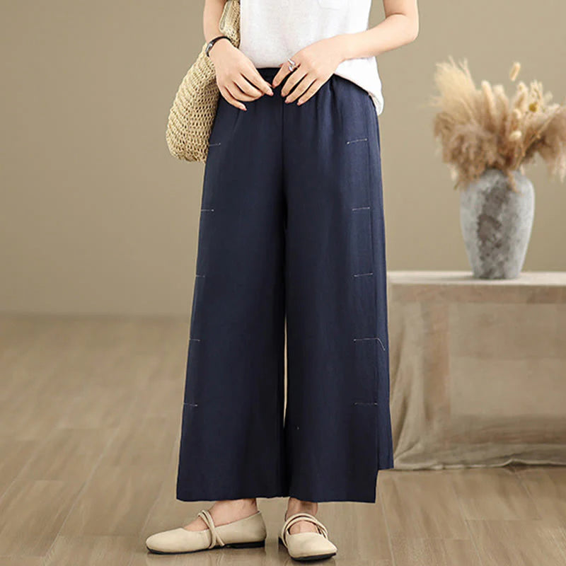 Buddha Stones Spring Casual Navy Simple Line Design Cotton Linen Women's Wide Leg Pants With Pockets