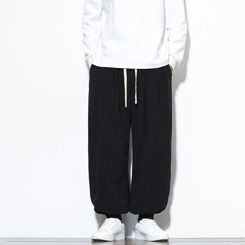 Buddha Stones Fall Plain Drawstring Simple Design Men's Harem Cotton Corduroy Pants With Pockets