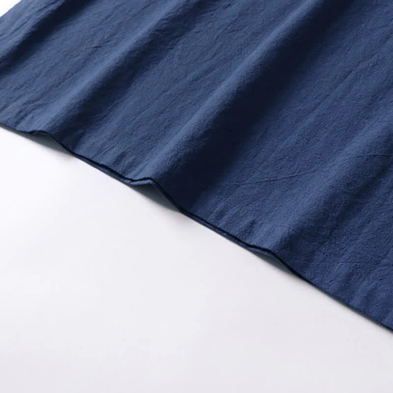 Buddha Stones Solid Color Frog-Button Short Sleeve Notched Collar Men's Cotton Linen T-Shirt