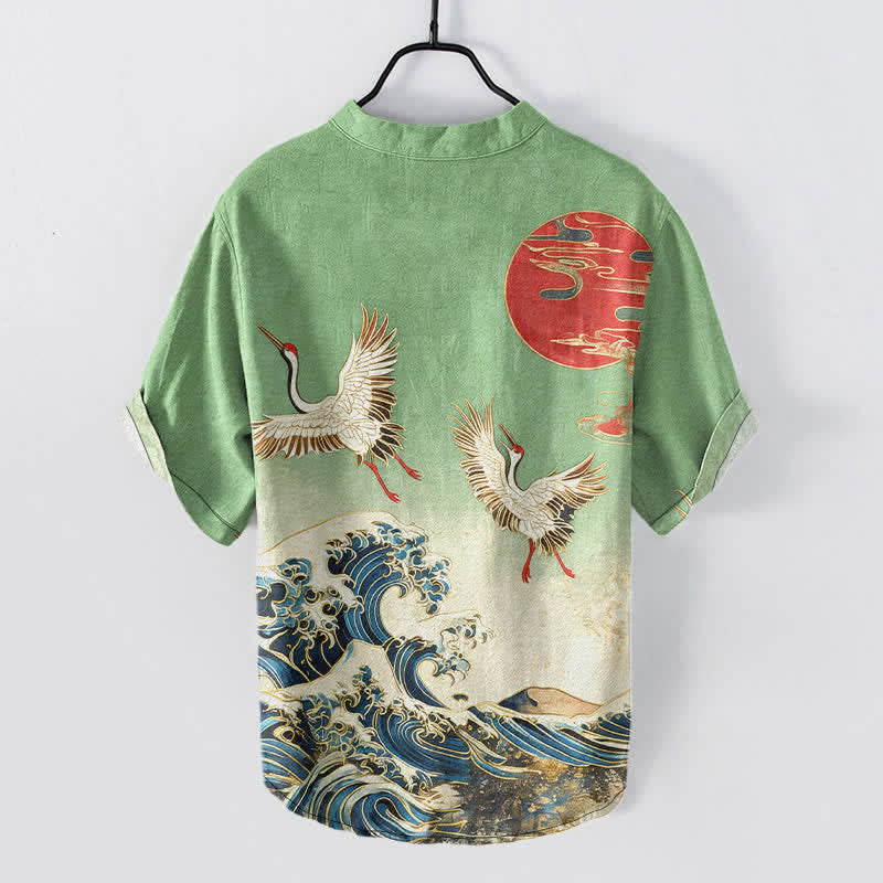 Buddha Stones Cotton Crane Wave Sun Pattern Men's Short Sleeve Half Button Shirt