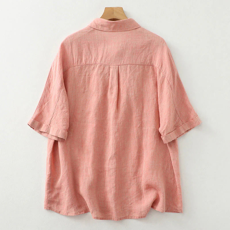 Buddha Stones Casual Plain Buttons Women's Cotton Linen Half Sleeve Shirt
