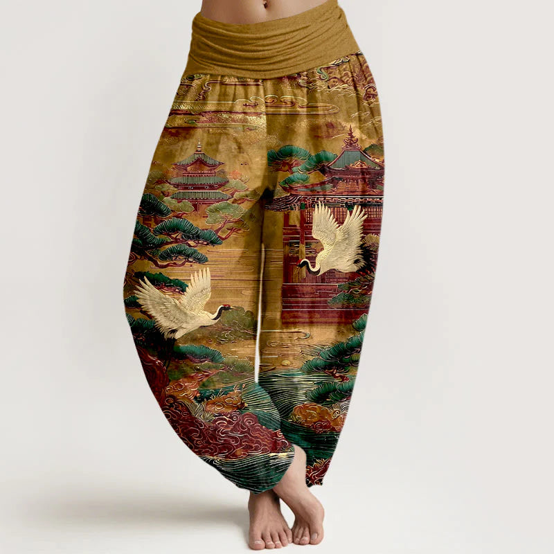 Buddha Stones Cotton Exquisite Crane Architecture Pine Tree Cloud Pattern Women's Elastic Waist Harem Pants