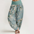 Buddha Stones Cotton Peach Blossoms Flying Geese Pattern Women's Elastic Waist Harem Pants