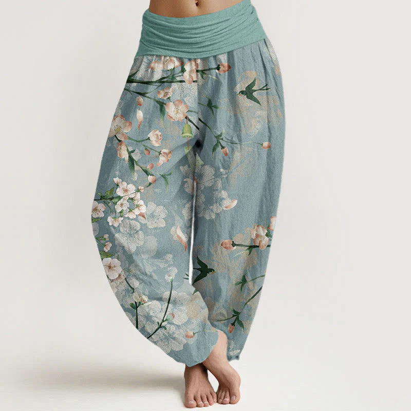 Buddha Stones Cotton Peach Blossoms Flying Geese Pattern Women's Elastic Waist Harem Pants