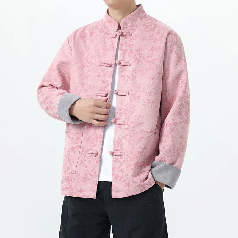 Buddha Stones Fall Jacquard Bamboo Frog-button Long Sleeve Men's Cotton Jacket With Pockets