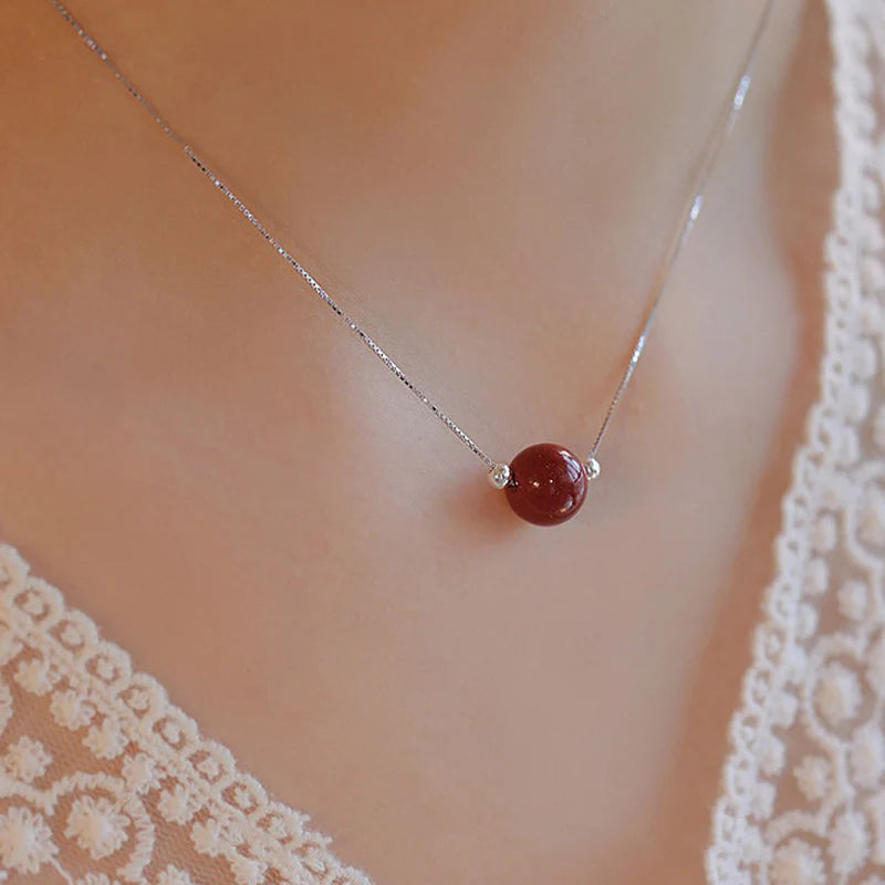 Buddha Stones 925 Sterling Silver Cinnabar Bead Calm Blessing Necklace Pendant