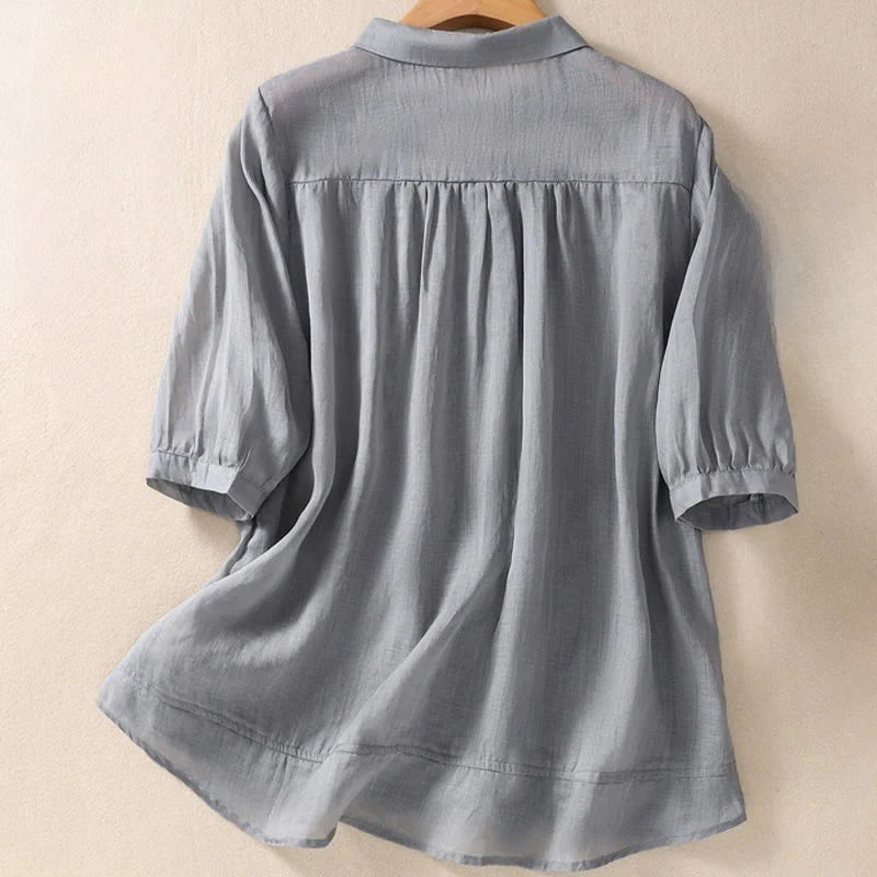 Buddha Stones Summer Plain Button Embroidery Flower Pattern Three Quarter Sleeve Lapel Cotton Linen Women's Shirt