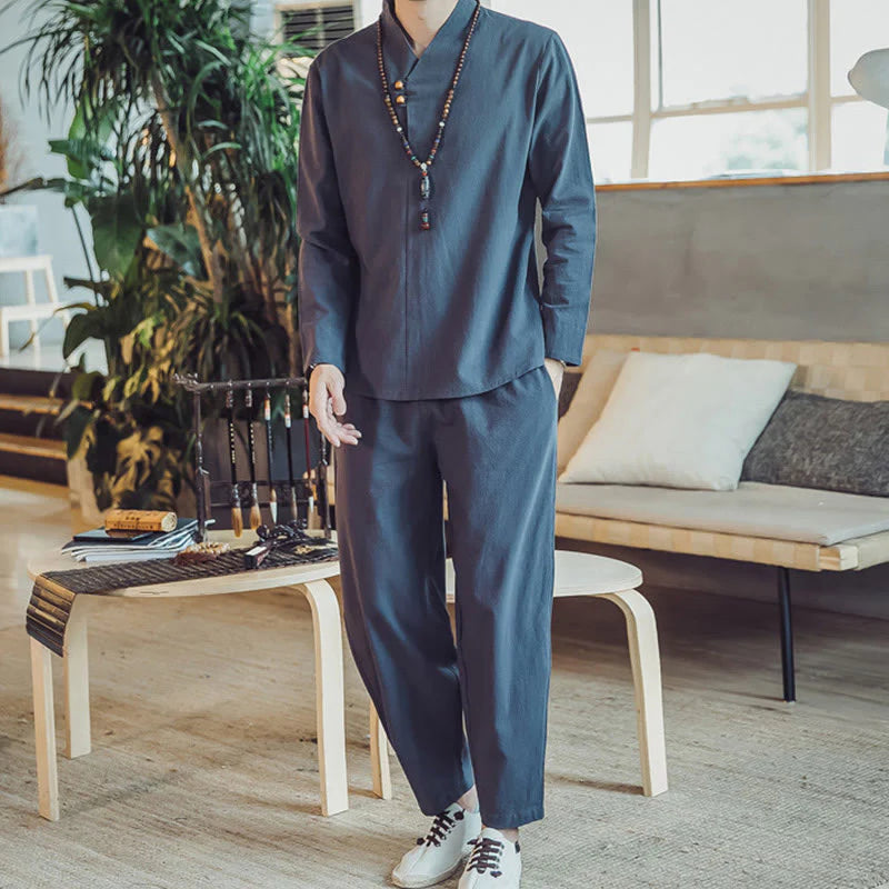 Buddha Stones 2Pcs Shirt Ankle-Length Pants With Pockets Men's Meditation Cloth Set