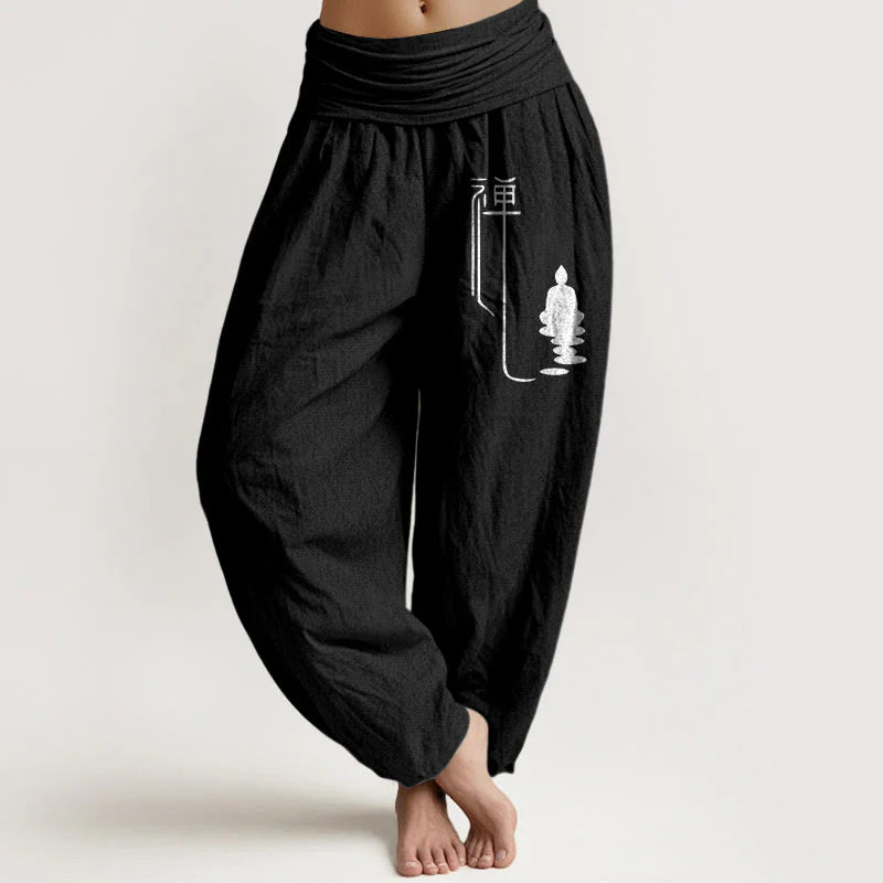 Buddha Stones Zen Buddhist Pattern Women's Elastic Waist Harem Cotton Pants