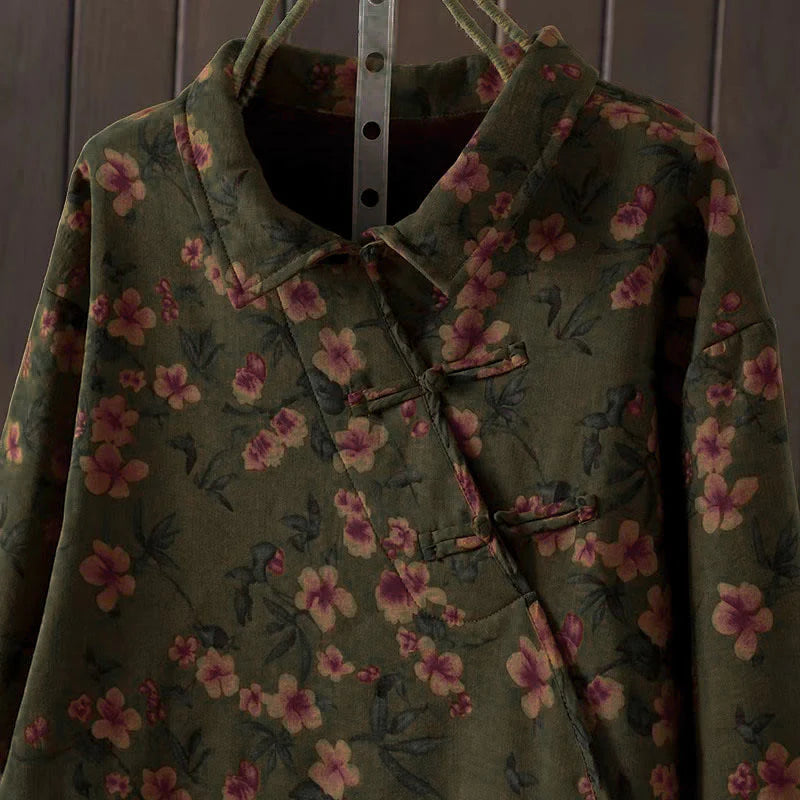 Buddha Stones Winter Flower Green Leaves Frog-Button Stand Collar Long Sleeve Women's Cotton Shirt