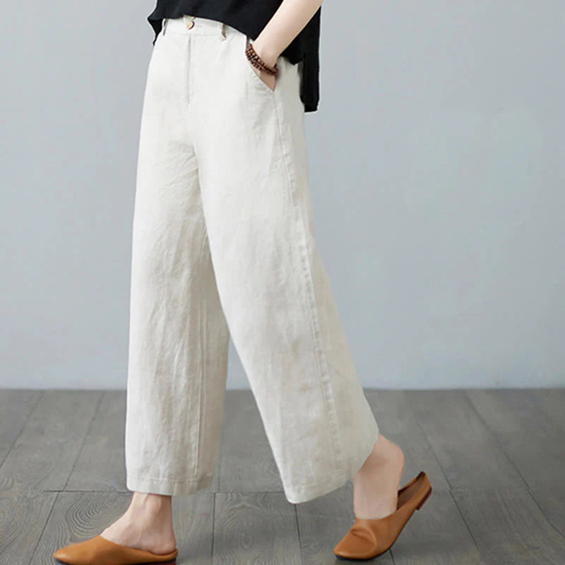 Buddha Stones Daily Solid Color Patchwork Simple Design Cotton Linen Women's Pants With Pockets