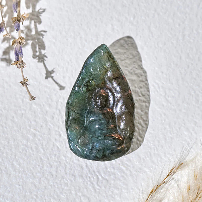 Buddha Stones Engraving Buddha Natural Labradorite Teardrop Shape Figurine Cure Statue Home Decoration