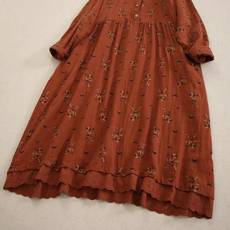 Buddha Stones Spring Small Floral Print Buttons Design Crew Neck Long Sleeve Midi Dress With Pockets