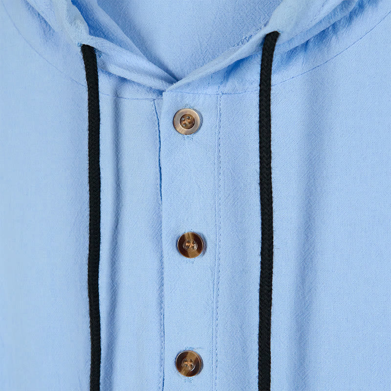Buddha Stones Solid Color Fall Half Buttons Men's Hooded Long Sleeve Cotton Shirt