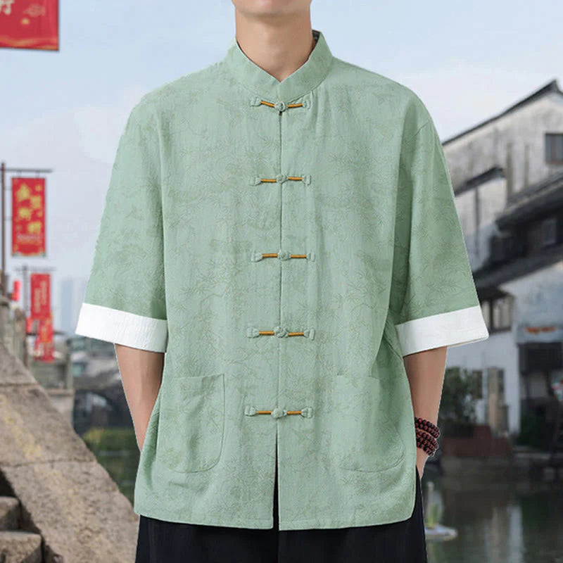 Buddha Stones Summer Crane Pine Tree Pattern Tang Suit Men's Frog-Button Half Sleeve Cotton Shirt With Pockets