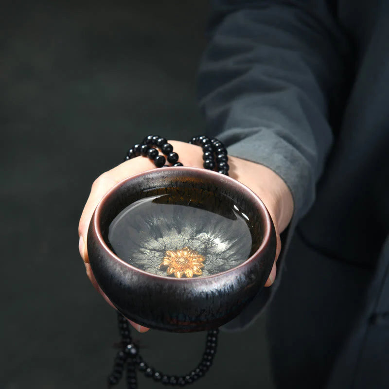 Buddha Stones 24K Gold Inlaid Sunflower Chinese Jianzhan Glaze Kiln Change Ceramic Teacup Tenmoku Kung Fu Tea Cup (Extra 35% Off | USE CODE: FS35)