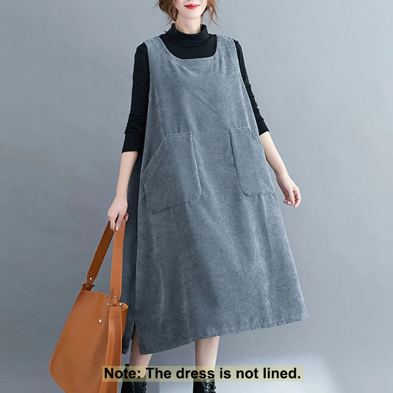 Buddha Stones Commute Crew Neck Women's Sleeveless Cotton Corduroy Midi Dress With Pockets