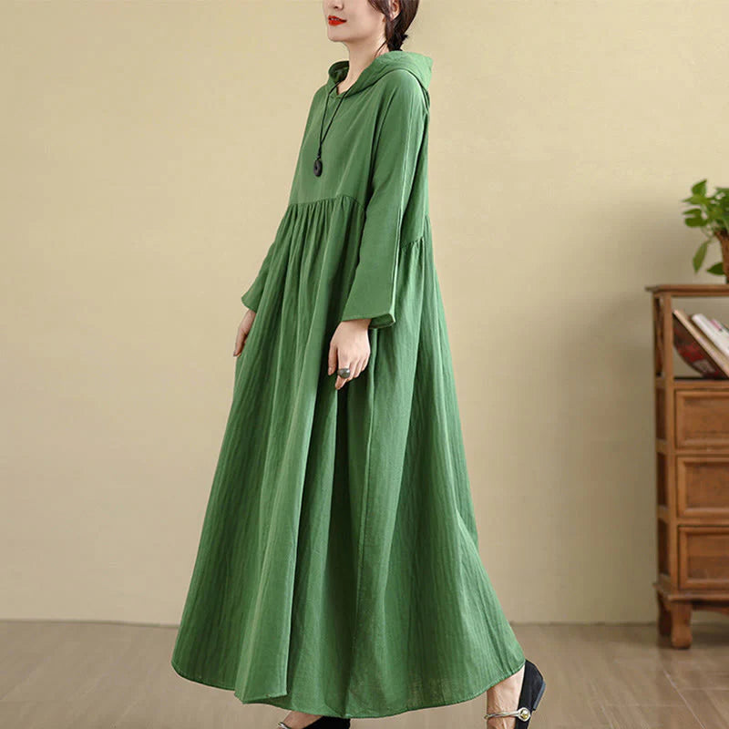 Buddha Stones Fall Hoodie Design Long Sleeve Cotton Linen Midi Dress With Pockets