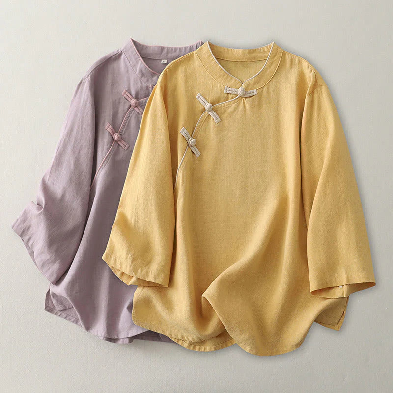 Buddha Stones Plain Slanted Buttons Cotton Linen Women's Shirt
