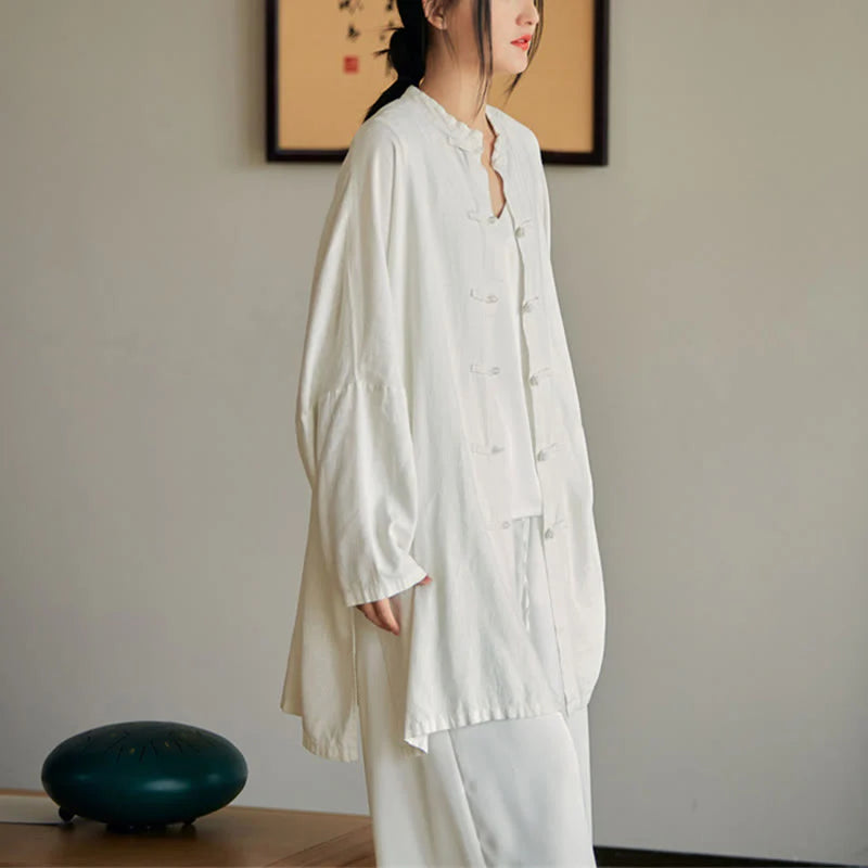 Buddha Stones Plain Frog-Button Design Shirt Zen Tai Chi Meditation Top Clothing Cotton Linen Jacket