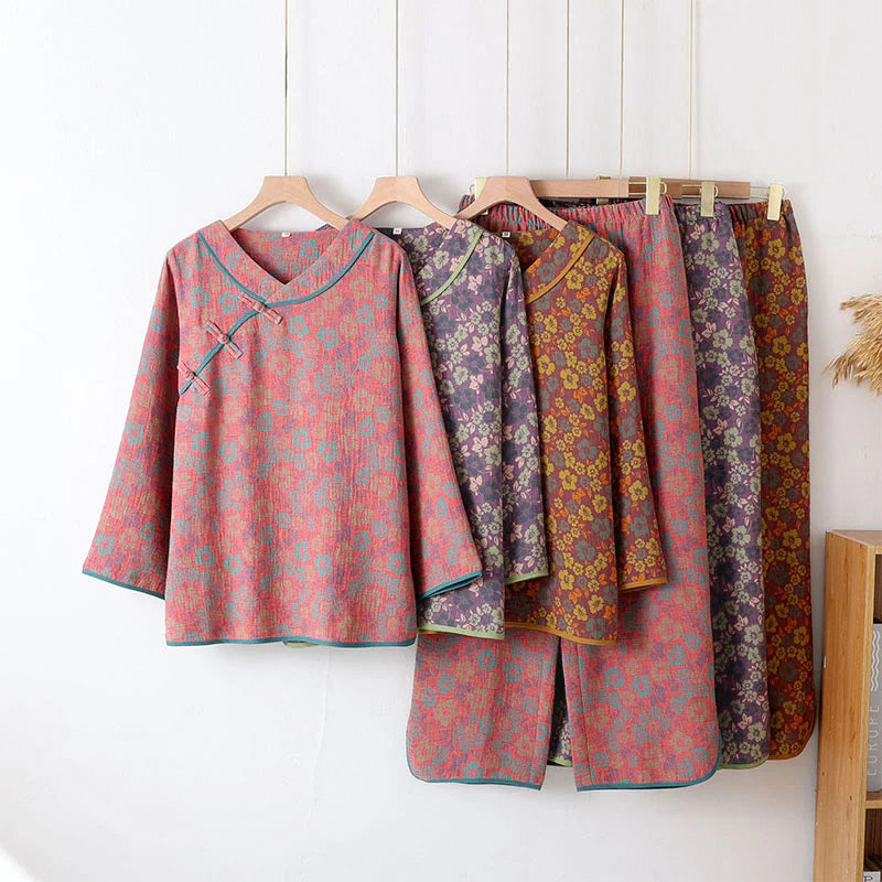 Buddha Stones 2pcs Floral Pattern Frog-Button Long Sleeve Round Neck Shirt Pants Cotton Pajamas Set