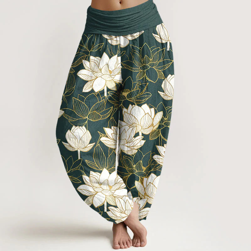 Buddha Stones Cotton Elegant Refined Lotus Flower Pattern Women's Elastic Waist Harem Pants