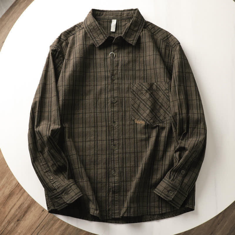 Buddha Stones Fall Commute Embroidery Plaid Pattern Men's Cotton Long Sleeve Shirts With Pocket