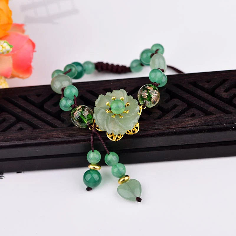 Buddha Stones Natural Green Jade Luck Dangling Flower Bracelet