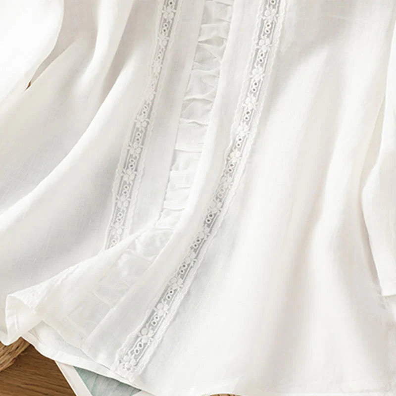 Buddha Stones Casual Pure Color Crew Neck Women's Cotton Linen Three Quarter Sleeve Shirt