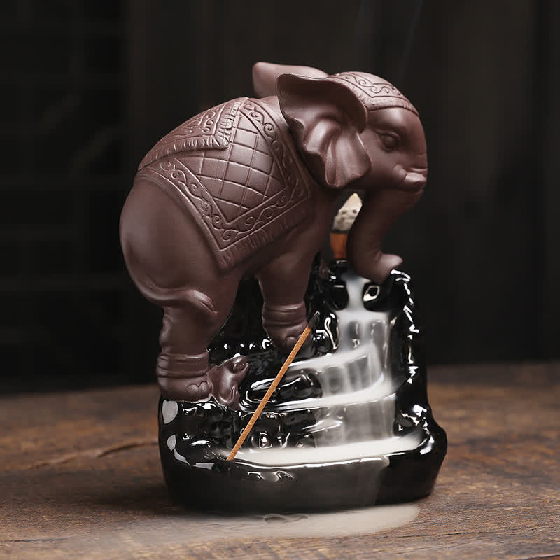 Buddha Stones Tibetan Elephant Purple Clay Backflow Smoke Fountain Peace Healing Incense Burner Decoration