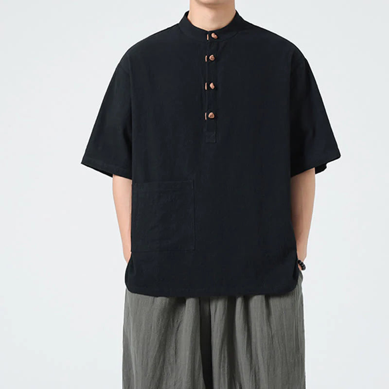 Buddha Stones Casual Half Frog-Button Design Stand Collar Tang Suit Men's Half Sleeve Cotton Shirt With Pocket
